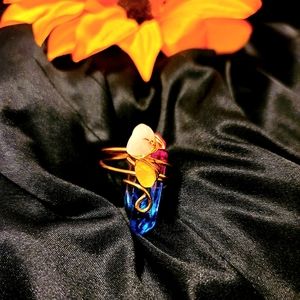 Rainbow(Pink,blue) quartz wrapped copper ring adjustable handmade
